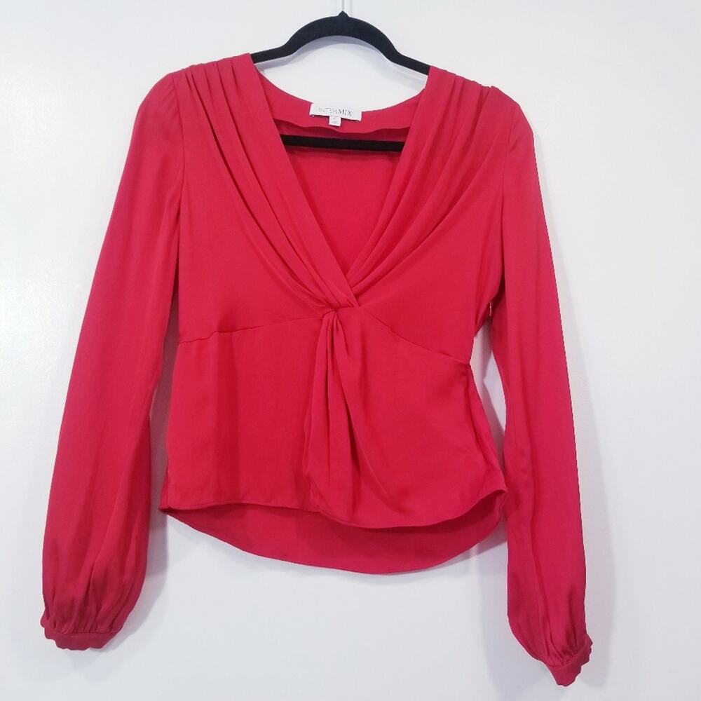 INTERMIX Silk Blend Red Pleated Satin Blouse Long Sleeves